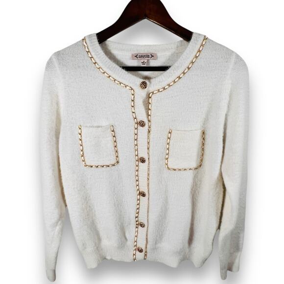 Nanette Lepore Knit Cardigan White Gold Chain Trim Quiet Luxury Style Size M - Picture 3 of 11